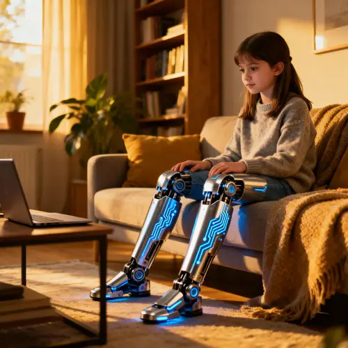 Young Girl with Cyborg Legs at Home