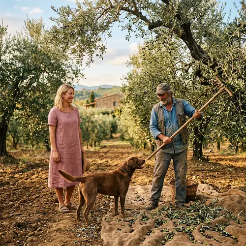 Woman and Dog in Olive Grove | Harvesting Olives Scene