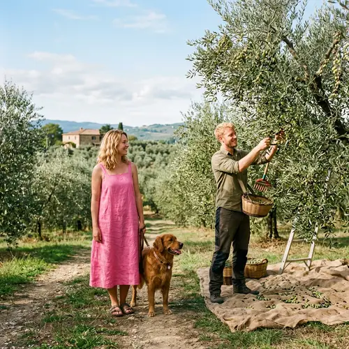 Caucasian Woman in Pink Dress & Dog in Olive Grove
