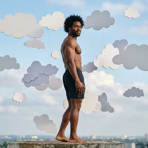Shirtless Well-Built Man with Curly Hair in Clouds