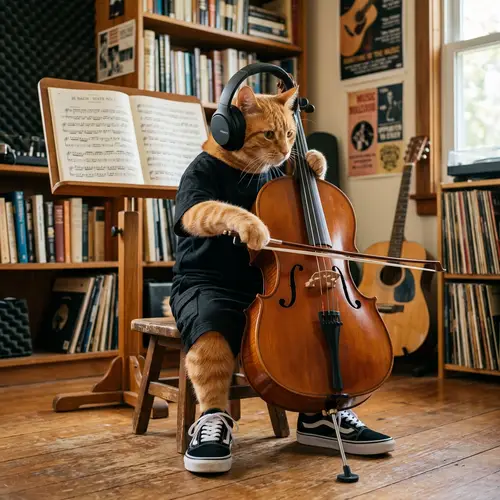 Orange Cat Playing Cello with Headphones | Unique Musical Feline