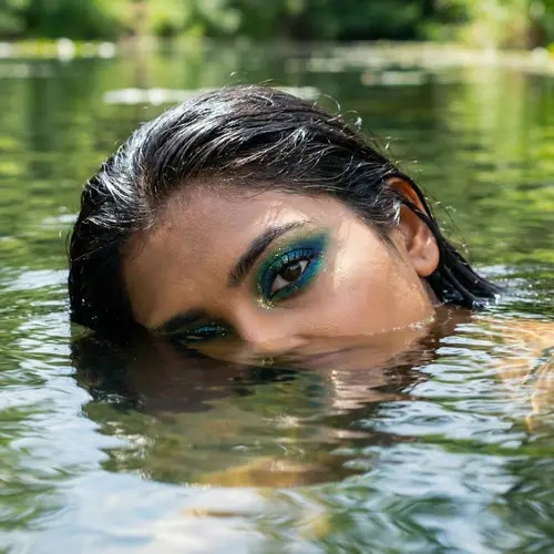 Woman with Submerged Face and Vibrant Eyeshadow in Water