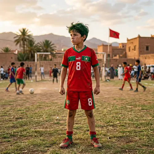 Determined Young Boy in Moroccan Soccer Team Shirt