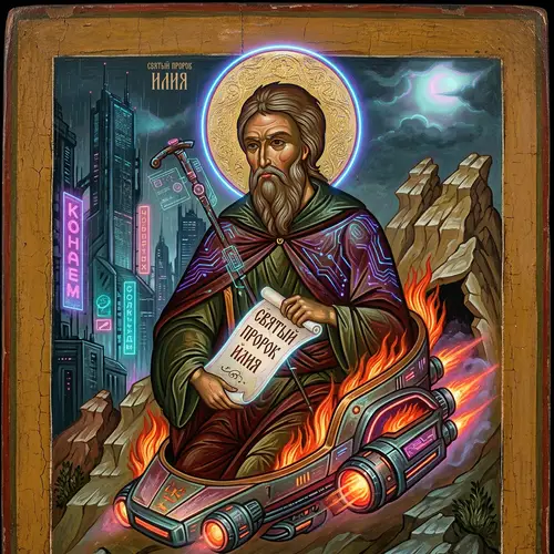 Prophet Elijah Cyberpunk Icon - Ancient Russian Style Artwork