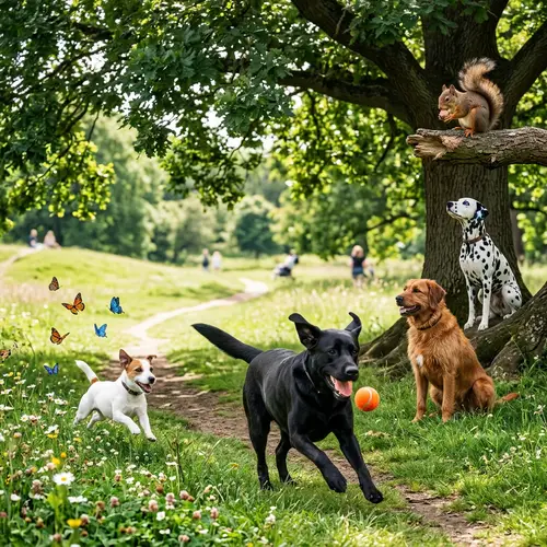 Playful Scene of Diverse Dogs in Lush Green Park