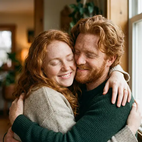 Warm Embrace of Caucasian Couple with Ginger Hair and Freckles