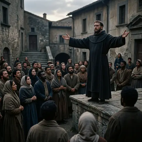 Religious Figure on Raised Platform with Observing Crowd