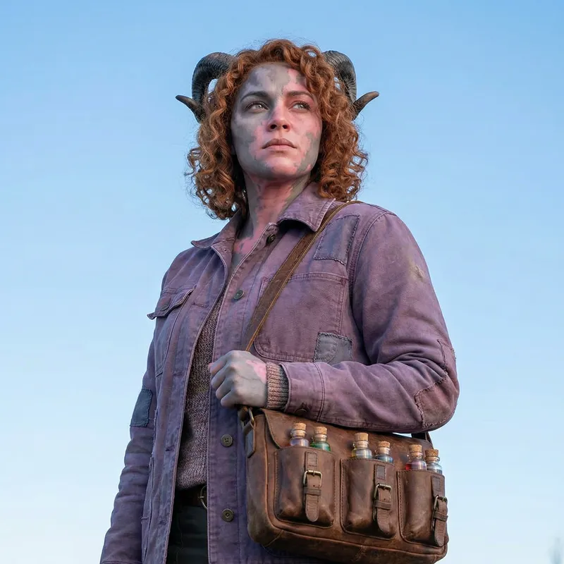 Diverse Woman with Two Short Horns | Gray-Pink Skinned Character