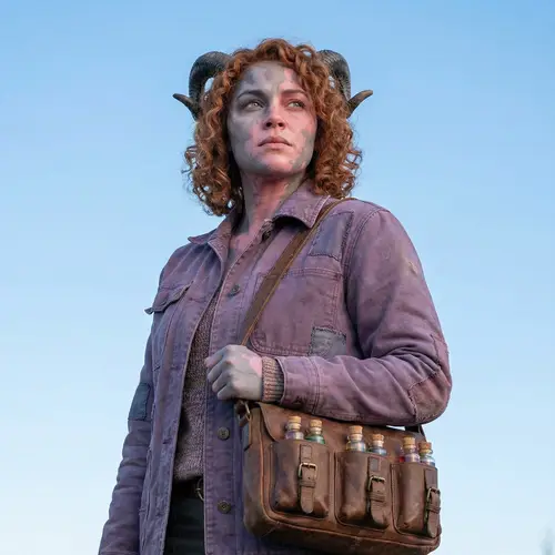 Woman with Two Short Horns | Unique Gray-Pink Skinned Character