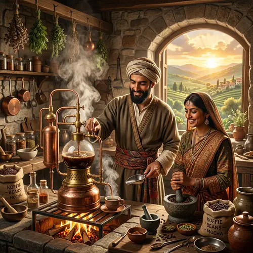 Inventive Coffee Brewing Scene: 15th Century Middle-Eastern and South-Asian Collaboration