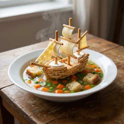Whimsical Tiny Ship Sailing in Breadstick and Cheese Soup Bowl