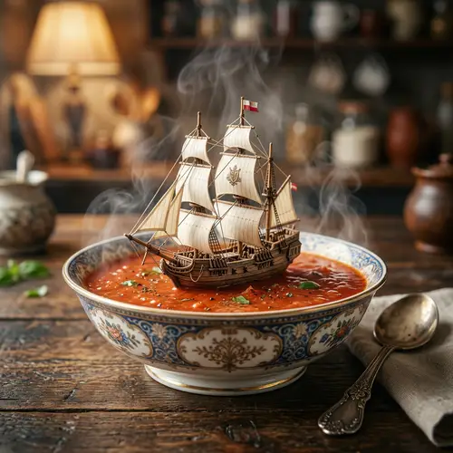 Fantasy Wooden Sailing Ship on Tomato Soup Sea - Dreamy Image