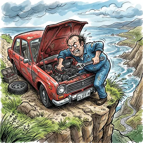 Frustrated Man with Wrench by Car - Cartoon Sketch