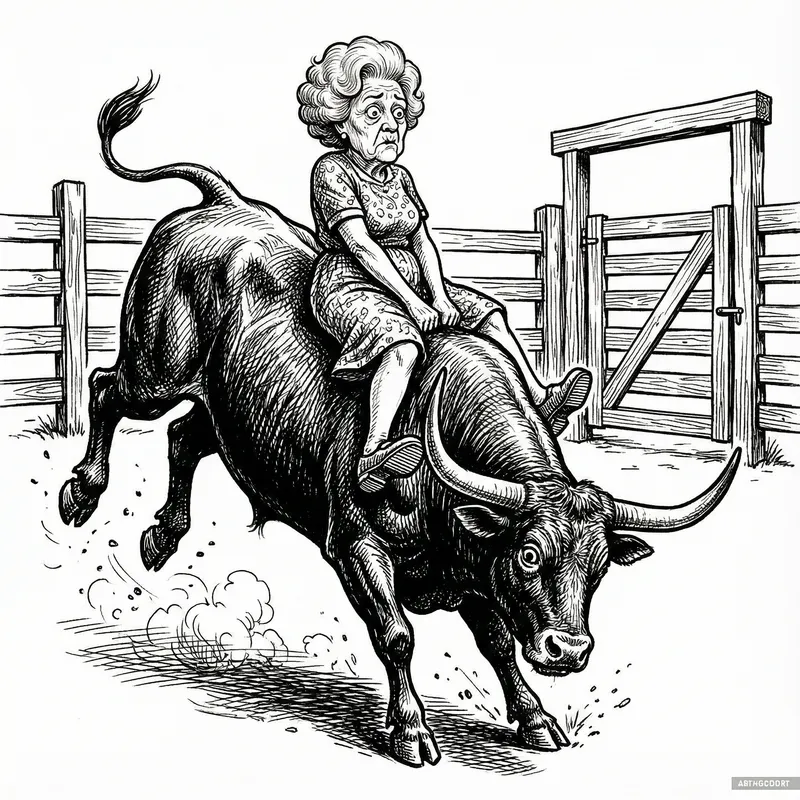 Elderly Lady on a Bucking Bull Cartoon