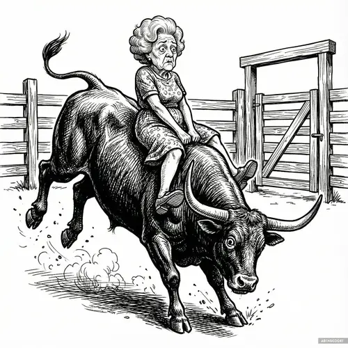 Elderly Lady on a Bucking Bull Cartoon