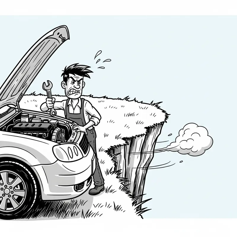 Frustrated Man with Wrench by Car - Cartoon Sketch Frustrated Man with Wrench by Car - Cartoon Sketch