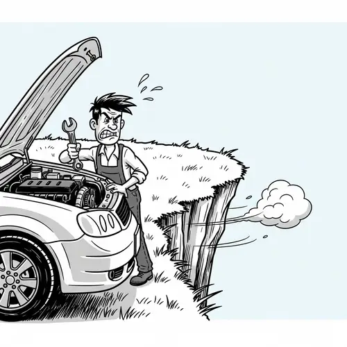 Frustrated Man with Wrench by Car - Cartoon Sketch