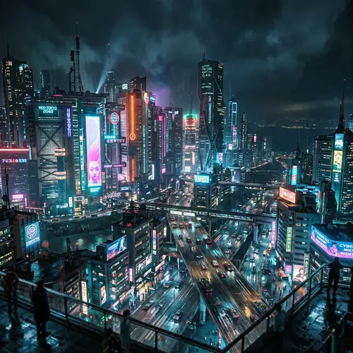 Futuristic Night Cityscape: Dystopian Cyberpunk Skyscrapers