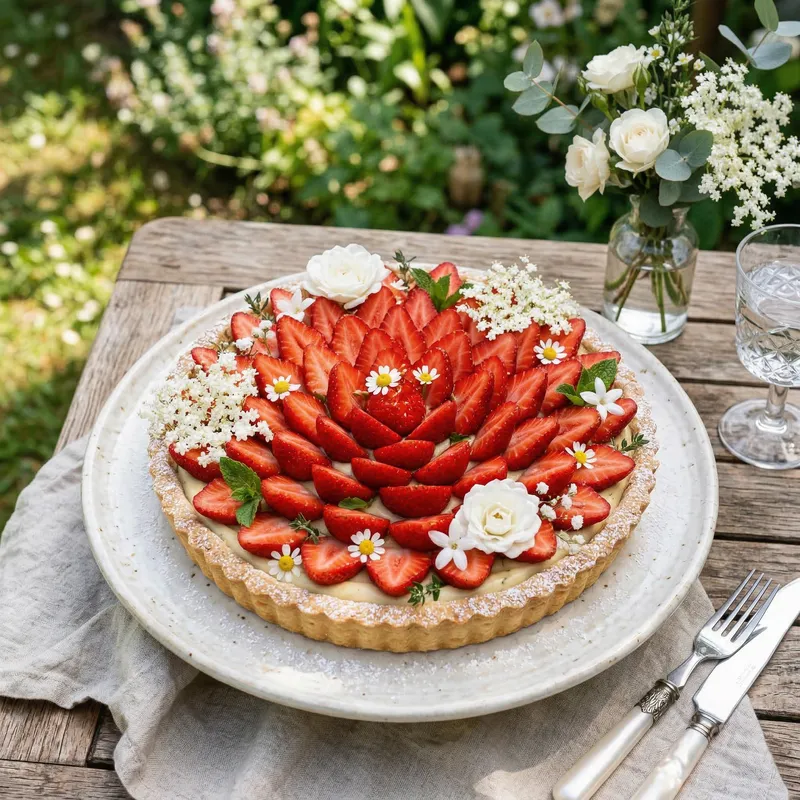 Elegant Strawberry Tart with White Flowers Recipe