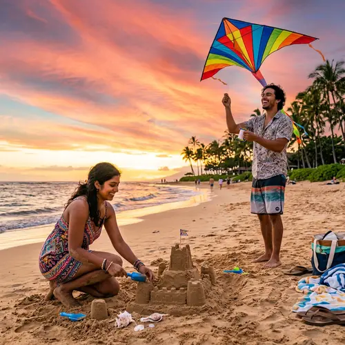 Loving Couple on Beach: Building Sandcastle & Flying Kite