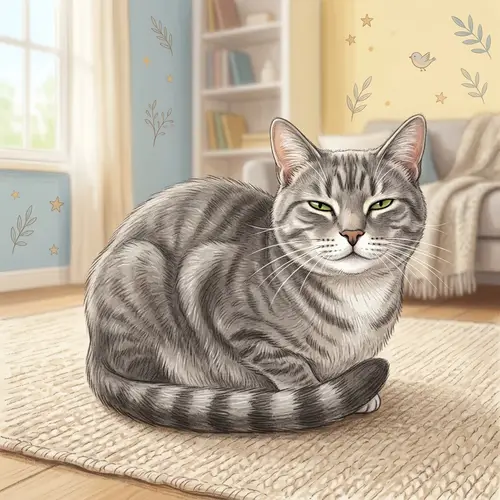 Illustration of Graceful Tabby Cat on Beige Carpet in Bright Room