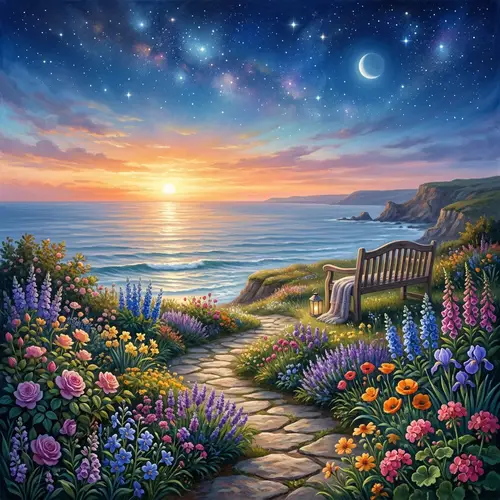 Furina: Idyllic Sunrise Over Calm Sea and Blooming Garden