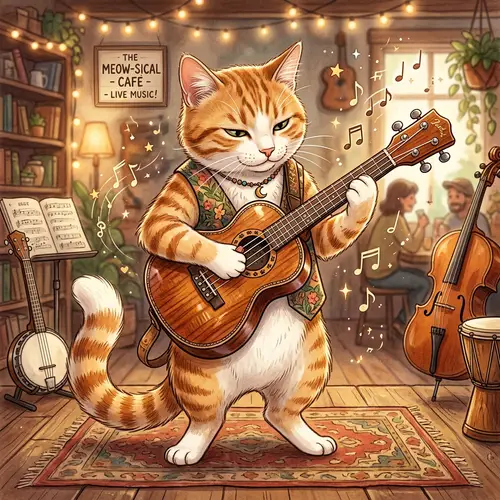 Whimsical Tabby Cat Playing Ukulele - Musical Feline Illustration