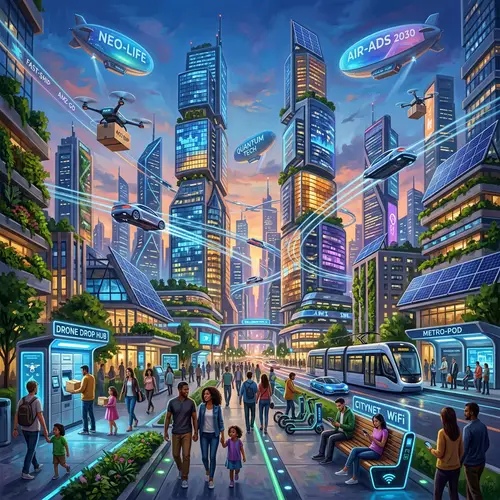 Futuristic Cityscape in 2030: Skyscrapers, Hover Cars & Smart City Elements