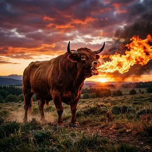 Majestic Bull Breathing Flames at Sunset