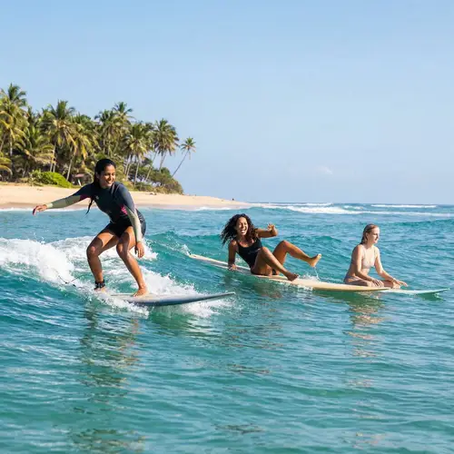 Diverse Women Surfing | Tropical Sunny Day Scene