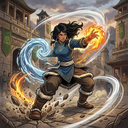 Young South Asian Martial Artist Avatar Korra in Earth-based Fantasy Universe