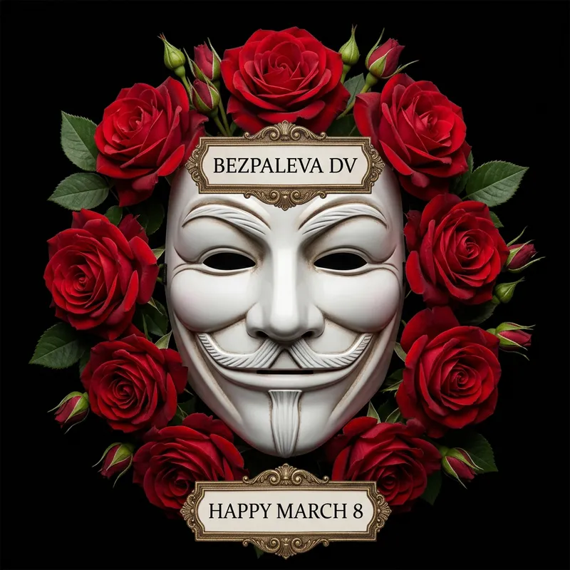 White Mask Surrounded by Red Roses with Inscriptions