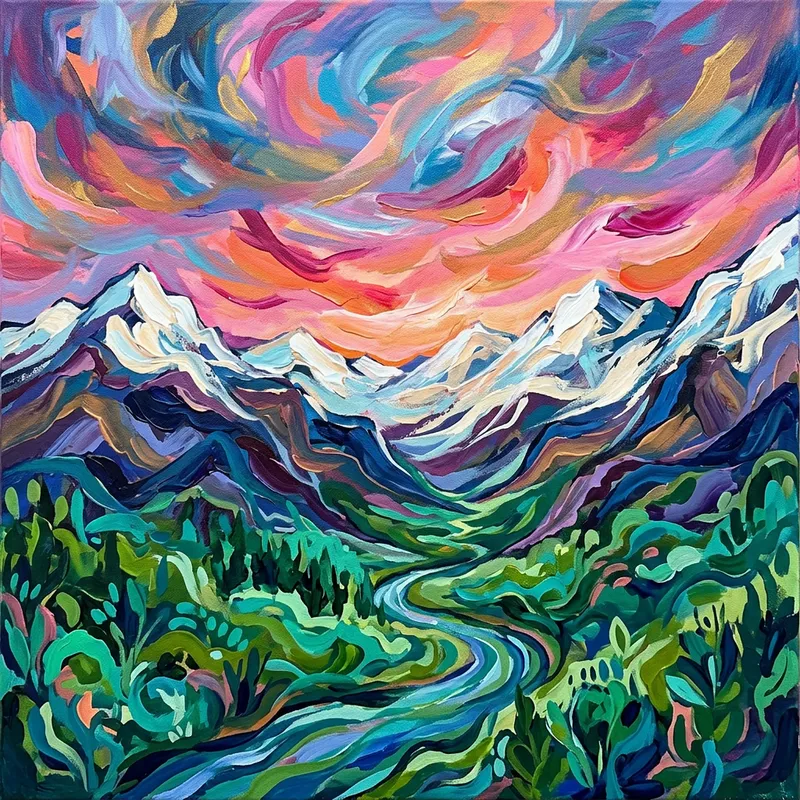 Abstract Mountain Landscape | Colorful Sunset View Abstract Mountain Landscape | Colorful Sunset View