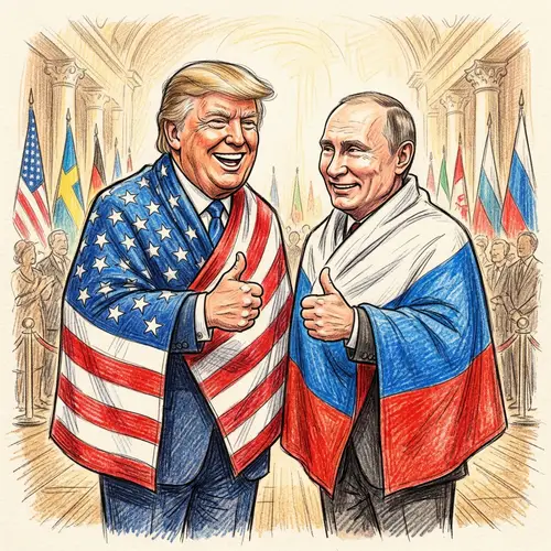Trump and Putin Cartoon Art: Flags & Smiles