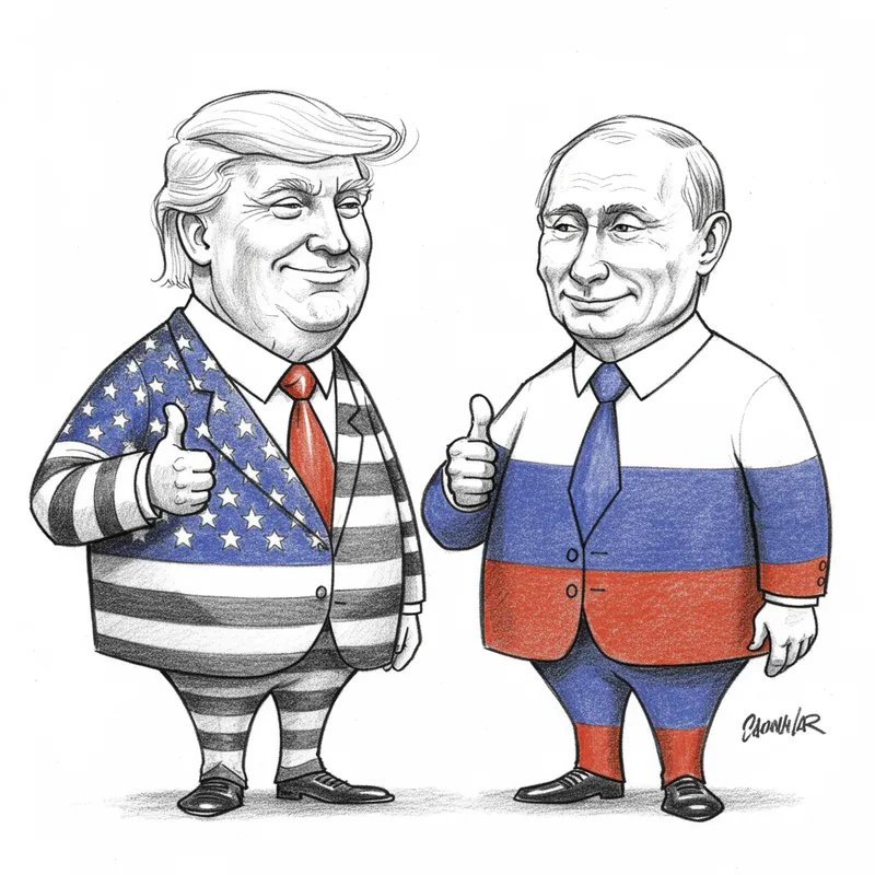 Trump and Putin Cartoon Art: Flags & Smiles Trump and Putin Cartoon Art: Flags & Smiles