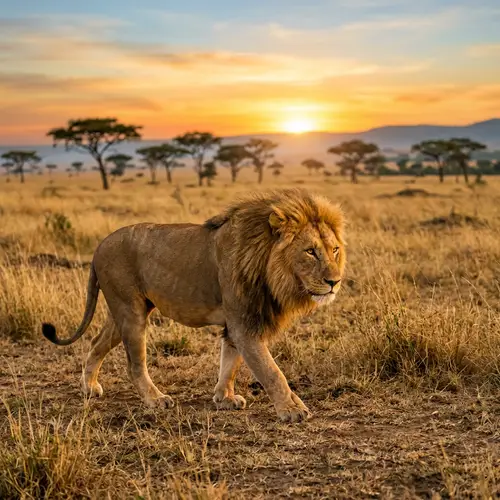 Majestic Adult Lion Strolling Across Sun-Drenched Savannah