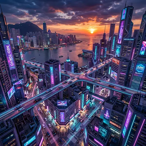 Vibrant Cyberpunk Cityscape at Sunset with Neon Lights