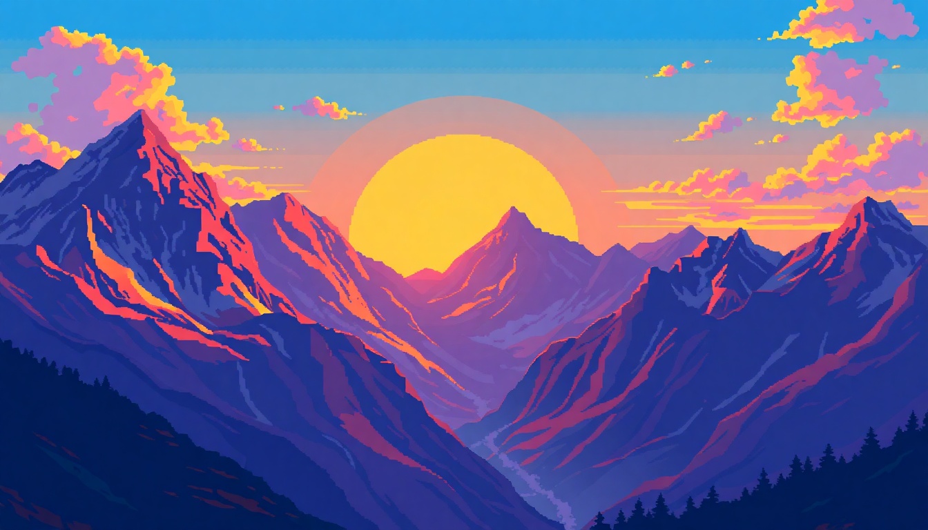 絵画 Mountain at sunset Pixelated Mountain Landscape with Sunset and River Stock