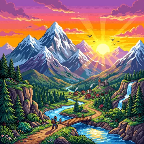 Majestic Pixel Art Mountain Landscape at Sunrise