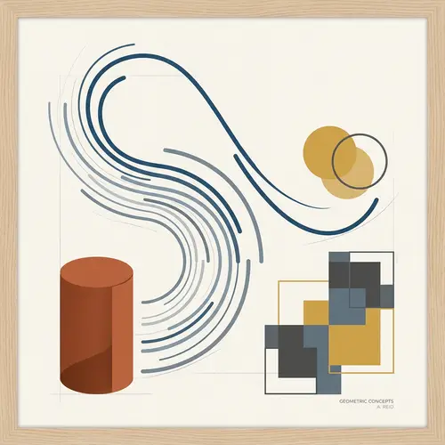 Abstract Geometric Artwork with Unclosed Curves and Cylindrical Object
