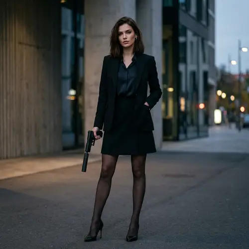 Stylish Hitwoman with Pistol - Full Body Photo