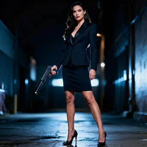 Stylish Hitwoman with Pistol - Full Body Photo