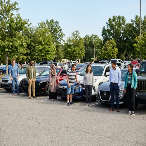 Diverse Group Admiring Cars - Seven Individuals Together