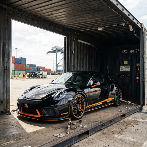 Striking Black and Orange Car in Container - Dramatic Scene