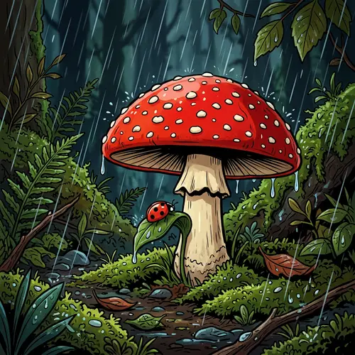 Tiny Ladybug Seeking Shelter Under Vibrant Red Mushroom Artwork