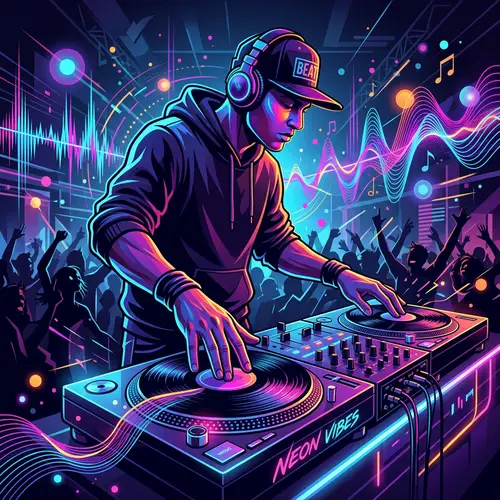 Neon Lights DJ at Turntable | Music Crowd Excitement