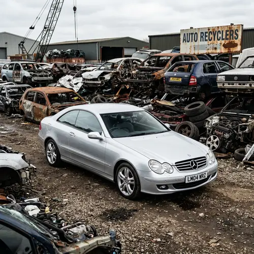 Mercedes CLK W209 at Scrapyard: Pristine Car Among Rusty Vehicles