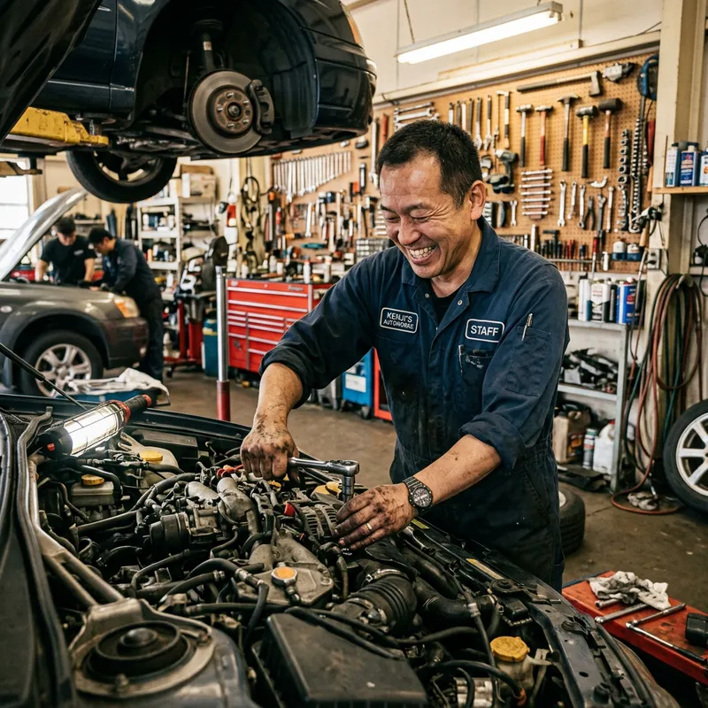 Jovial Asian Male in Busy Car Workshop | Skilled Auto Mechanic Jovial Asian Male in Busy Car Workshop | Skilled Auto Mechanic