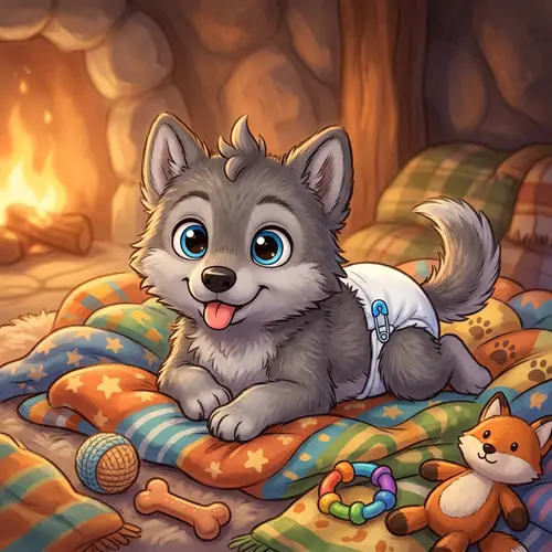 Adorable Newborn Wolf Pup in a Diaper - Cute Cartoon Image