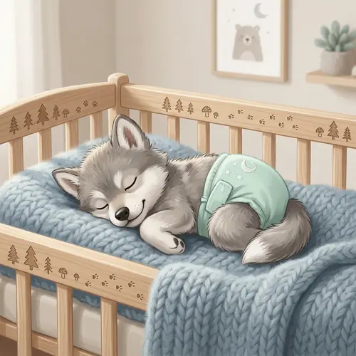 Adorable Newborn Wolf Cartoon Sleeping on Crib